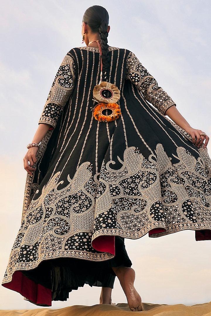 Black Silk Embroidered Bridal Anarkali With Jacket by Punit Balana at Pernia's Pop Up Shop