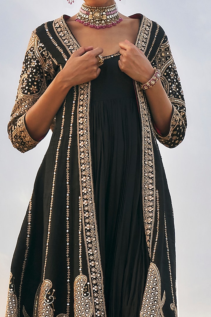 Black Silk Embroidered Bridal Anarkali With Jacket by Punit Balana at Pernia's Pop Up Shop