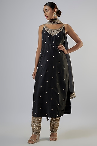 Black Silk & Organza Silk Mirror Embroidered Strappy Kurta Set by Punit Balana
