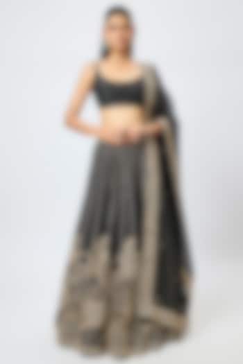 Black Raw Silk Mirror Embroidered Bridal lehenga for 22 Lehenga Set by Punit Balana at Pernia's Pop Up Shop