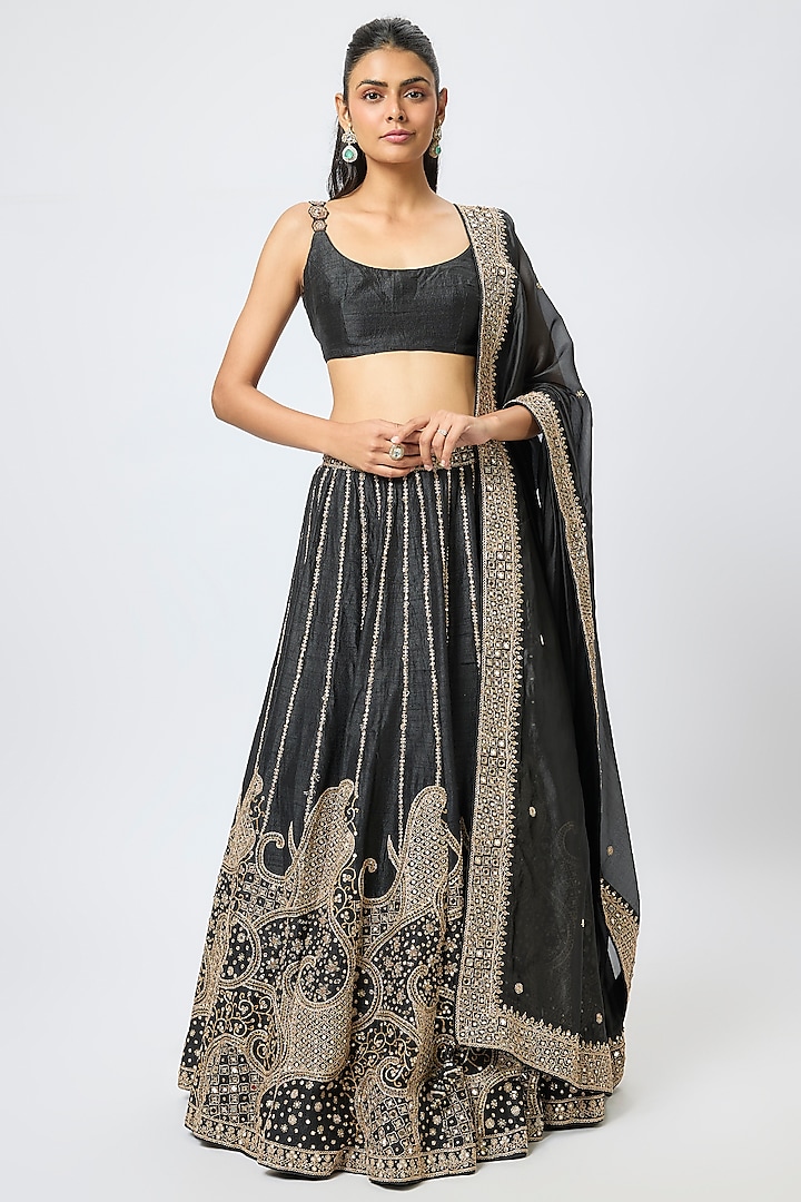 Black Raw Silk Mirror Embroidered Bridal lehenga for 22 Lehenga Set by Punit Balana at Pernia's Pop Up Shop