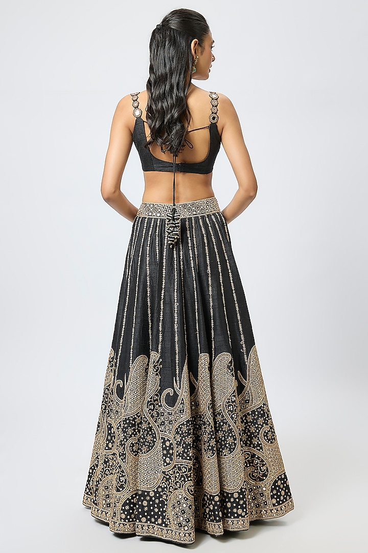Black Raw Silk Mirror Embroidered Bridal Lehenga Set by Punit Balana at Pernia's Pop Up Shop