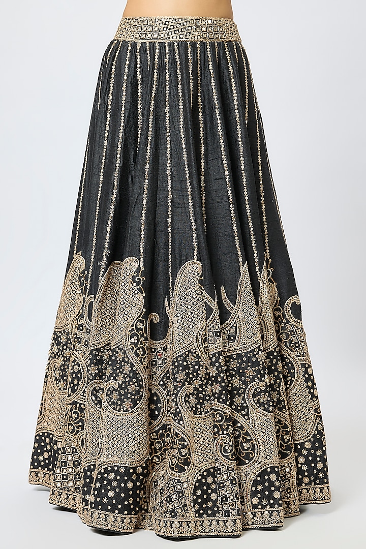 Black Raw Silk Mirror Embroidered Bridal Lehenga Set by Punit Balana at Pernia's Pop Up Shop
