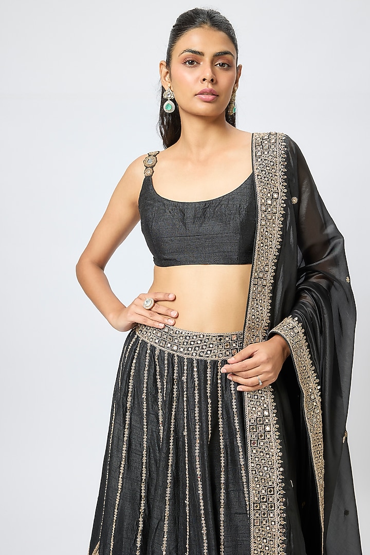 Black Raw Silk Mirror Embroidered Bridal Lehenga Set by Punit Balana at Pernia's Pop Up Shop