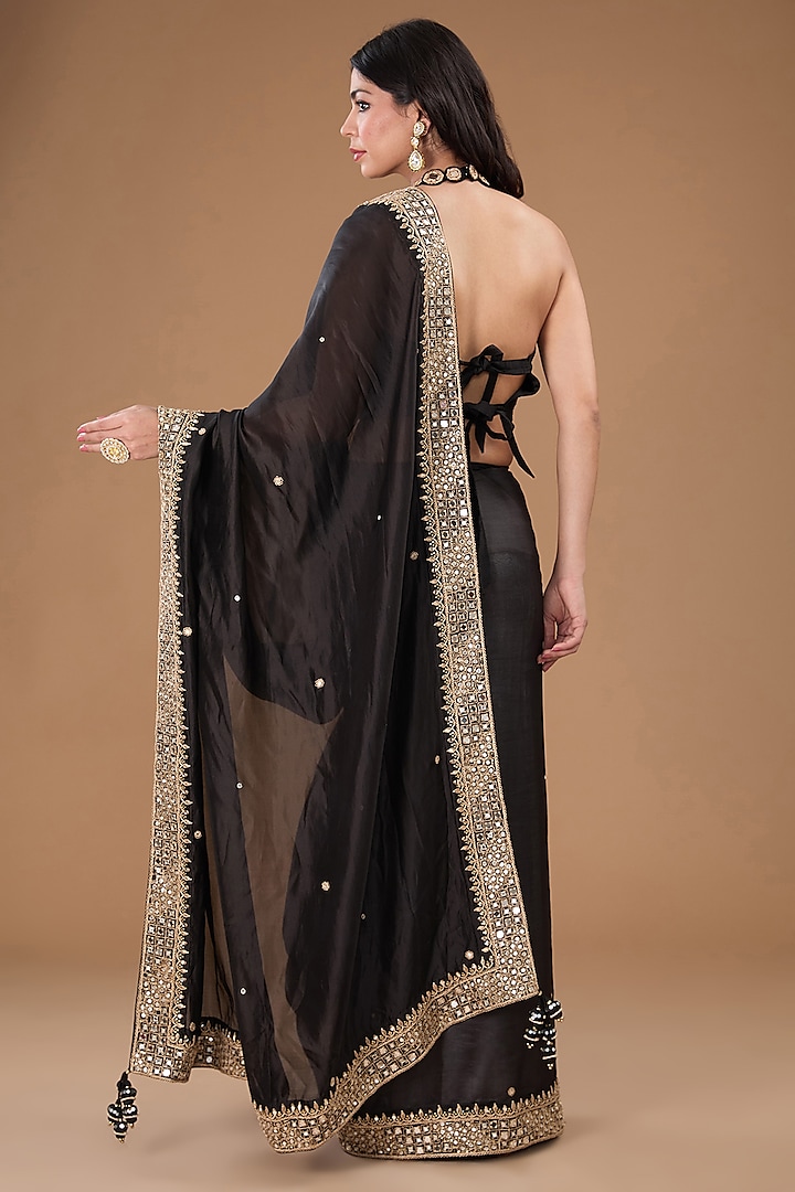 Black Organza Silk Mirror Work Wedding Saree Set by Punit Balana at Pernia's Pop Up Shop