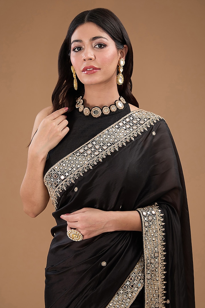 Black Organza Silk Mirror Work Wedding Saree Set by Punit Balana at Pernia's Pop Up Shop