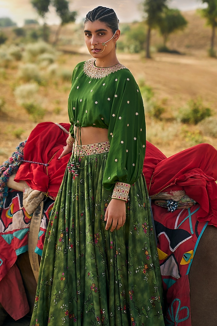 Green Silk & Chanderi Silk Printed Wedding Lehenga Set by Punit Balana at Pernia's Pop Up Shop