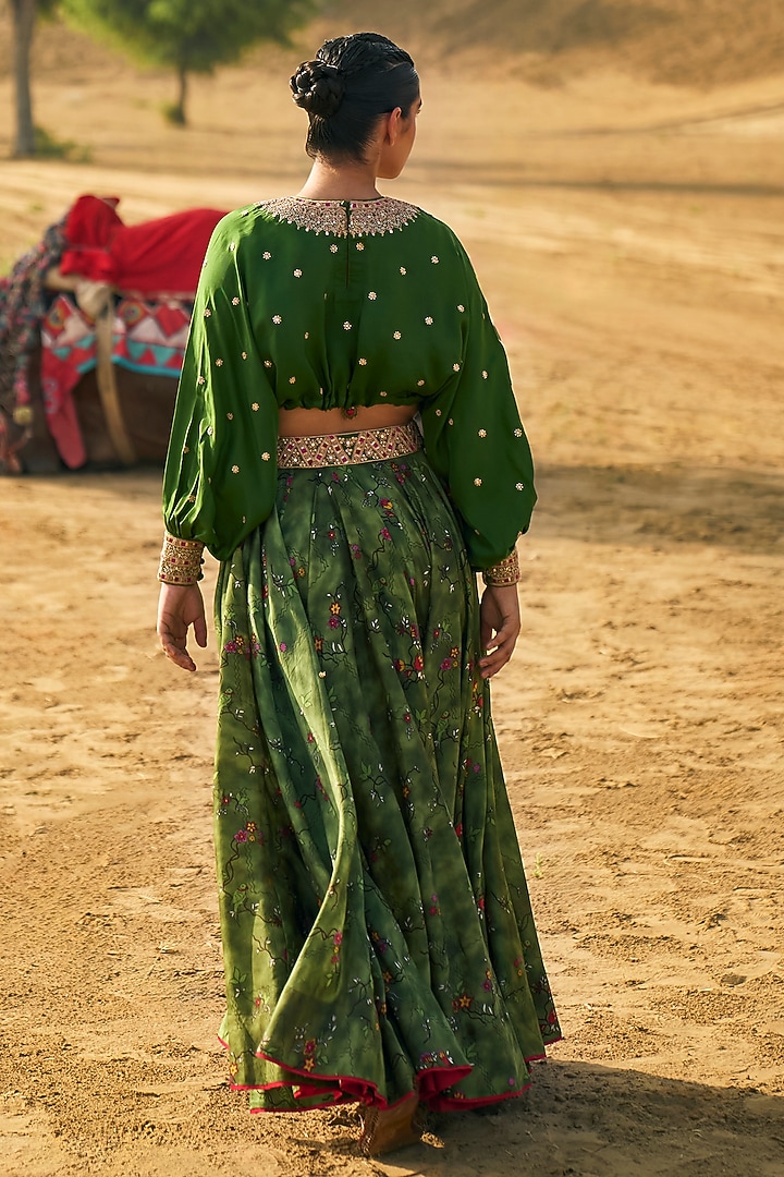 Green Silk & Chanderi Silk Printed Wedding Lehenga Set by Punit Balana at Pernia's Pop Up Shop