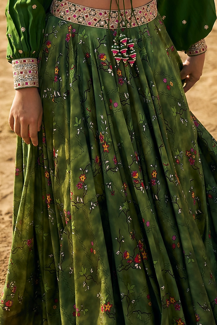 Green Silk & Chanderi Silk Printed Wedding Lehenga Set by Punit Balana at Pernia's Pop Up Shop