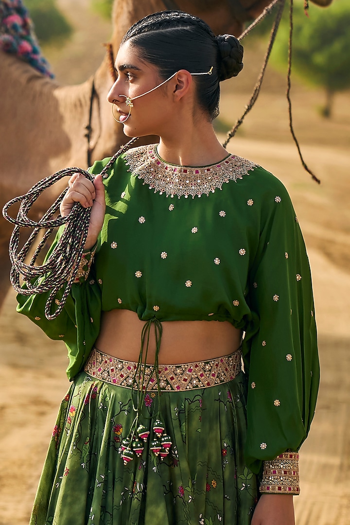 Green Silk & Chanderi Silk Printed Wedding Lehenga Set by Punit Balana at Pernia's Pop Up Shop