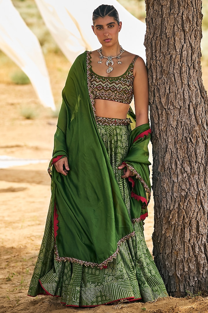 Green Organza Silk & Chanderi Silk Resham Embroidered Lehenga Set by Punit Balana