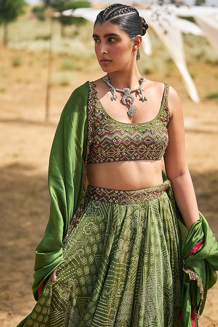 Green Organza Silk & Chanderi Silk Resham Embroidered Wedding Lehenga Set by Punit Balana at Pernia's Pop Up Shop