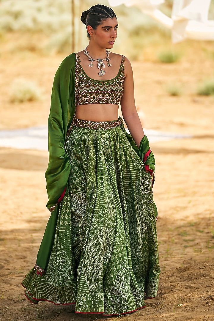 Green Organza Silk & Chanderi Silk Resham Embroidered Wedding Lehenga Set by Punit Balana at Pernia's Pop Up Shop