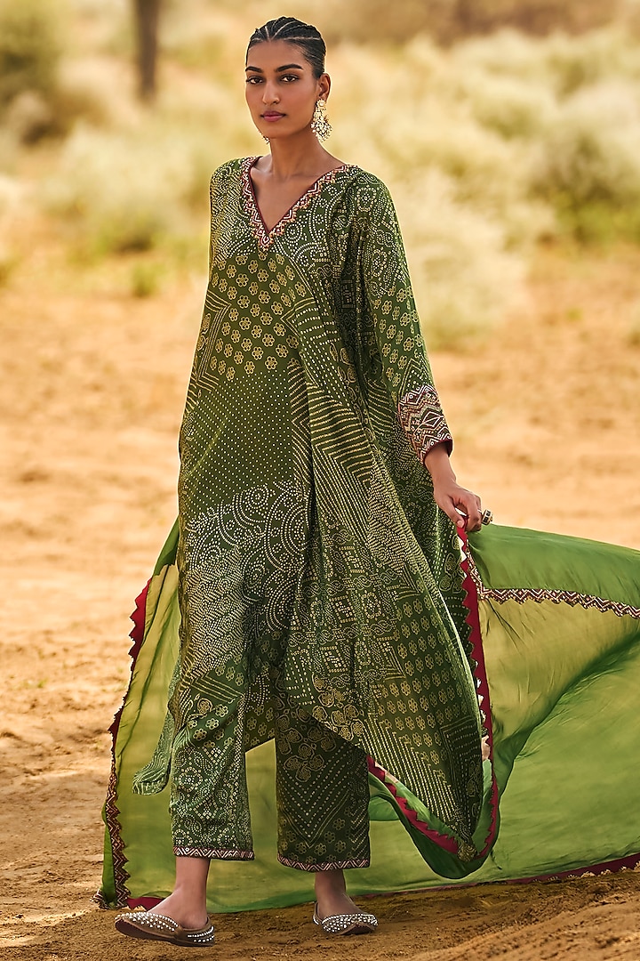 Green Satin Silk Bandhani Printed & Resham Embroidered Kaftan Kurta Set by Punit Balana