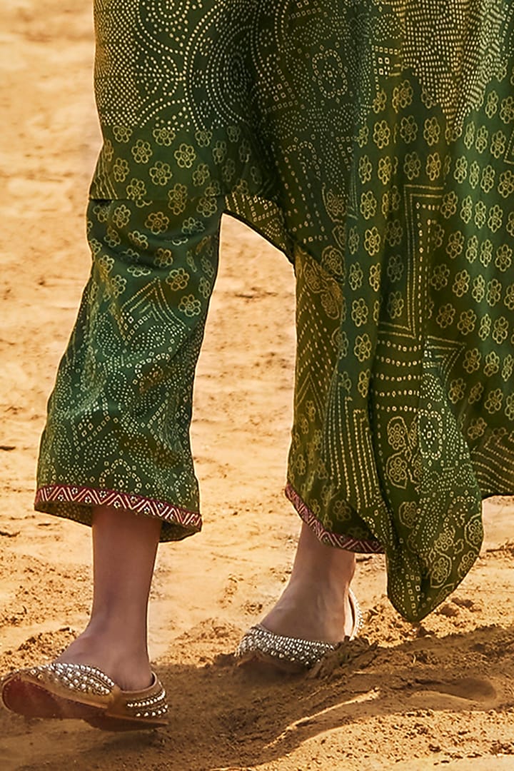 Green Satin Silk Bandhani Printed & Resham Embroidered Kaftan Kurta Set by Punit Balana at Pernia's Pop Up Shop