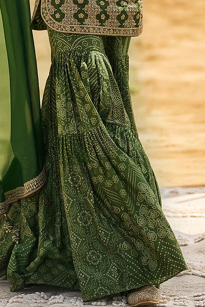 Green Chanderi Silk & Organza Silk Bandhani Printed Gharara Set by Punit Balana at Pernia's Pop Up Shop