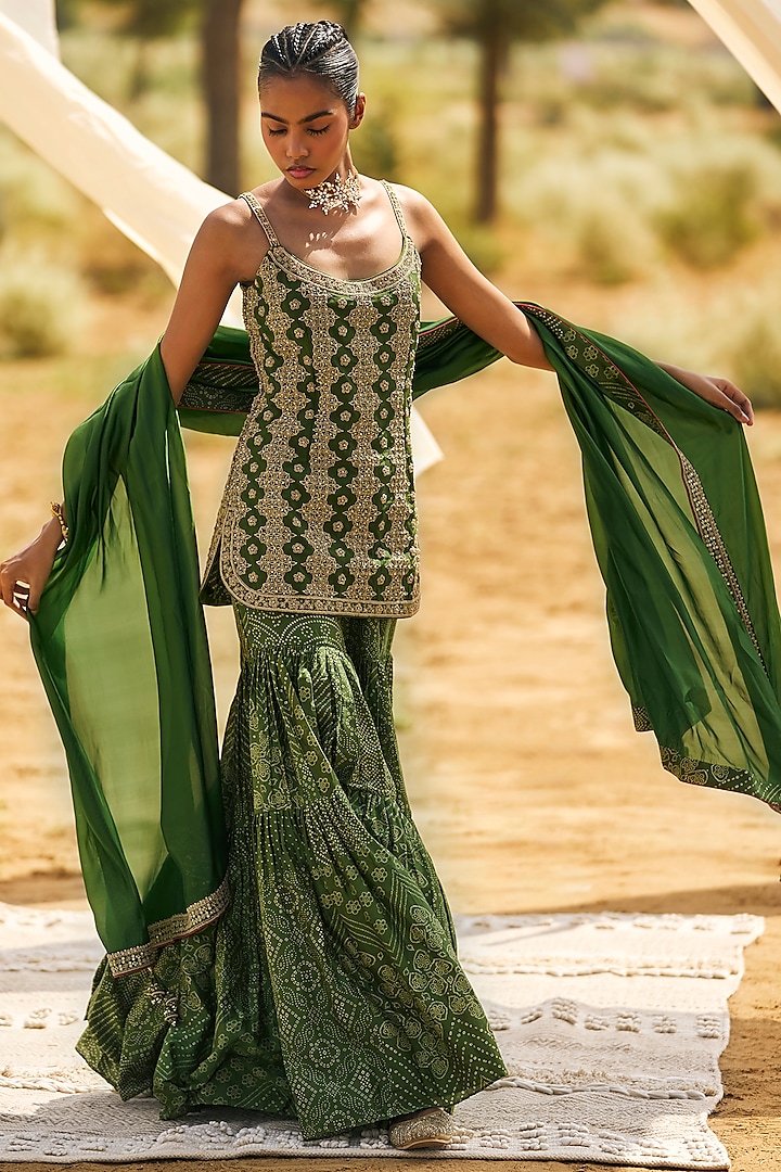 Green Chanderi Silk & Organza Silk Bandhani Printed Gharara Set by Punit Balana at Pernia's Pop Up Shop