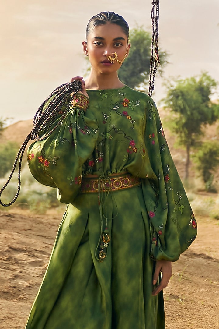 Green Satin Silk Printed Pant Set by Punit Balana at Pernia's Pop Up Shop
