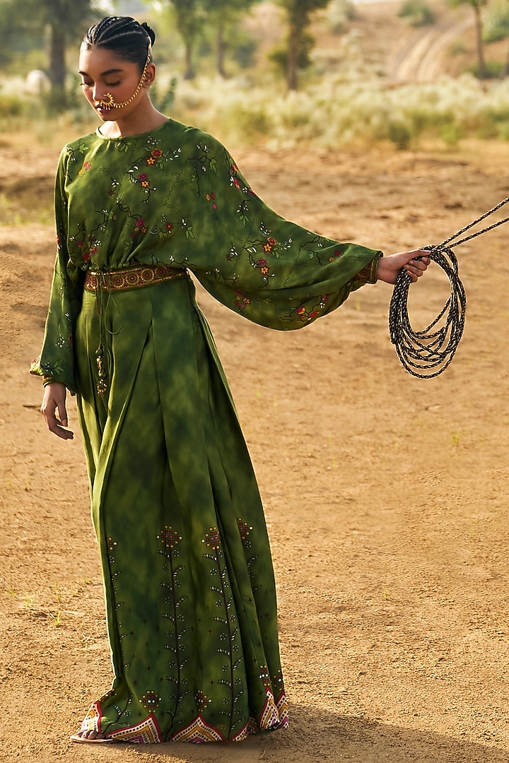 Green Satin Silk Printed Pant Set by Punit Balana at Pernia's Pop Up Shop