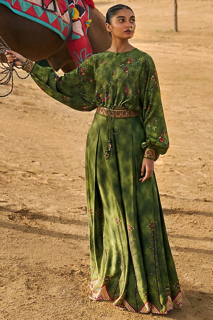 Green Satin Silk Printed Pant Set by Punit Balana at Pernia's Pop Up Shop