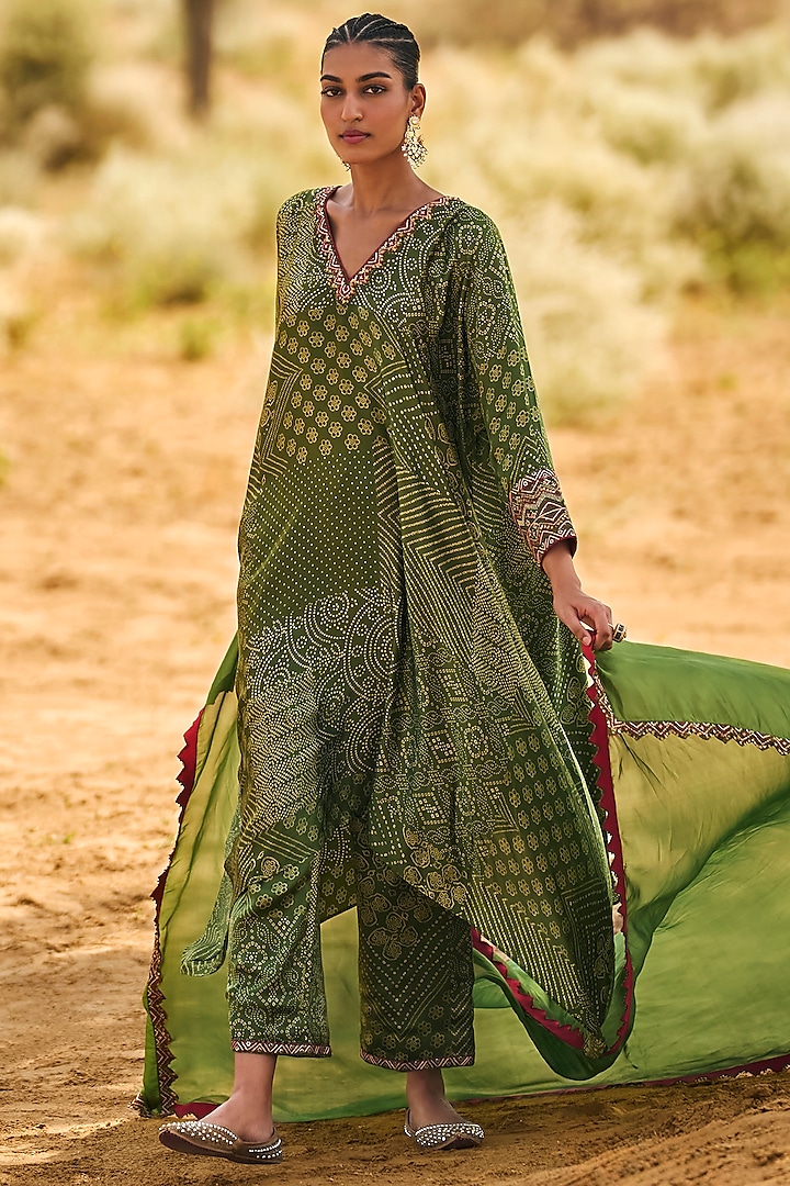 Green Satin Silk Embroidered & Printed Kaftan Set by Punit Balana