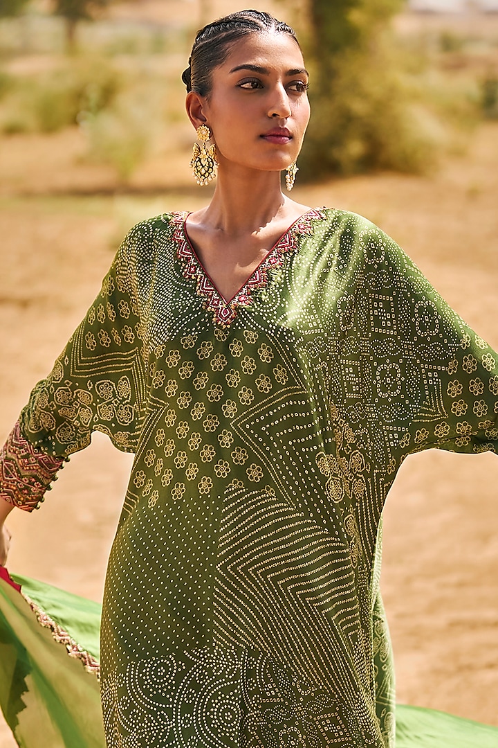 Green Satin Silk Embroidered & Printed Kaftan Set by Punit Balana at Pernia's Pop Up Shop