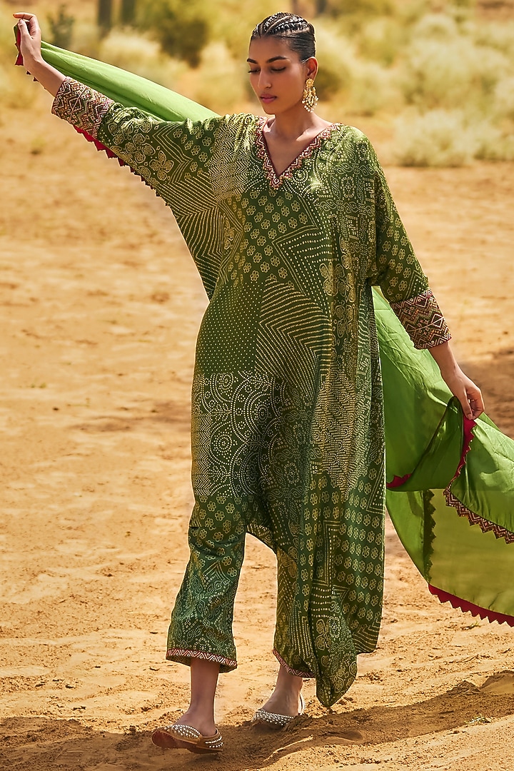 Green Satin Silk Embroidered & Printed Kaftan Set by Punit Balana at Pernia's Pop Up Shop