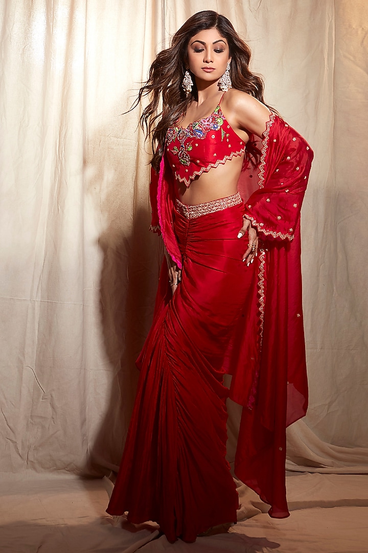 Red Silk & Organza Silk Draped Skirt Set by Punit Balana at Pernia's Pop Up Shop