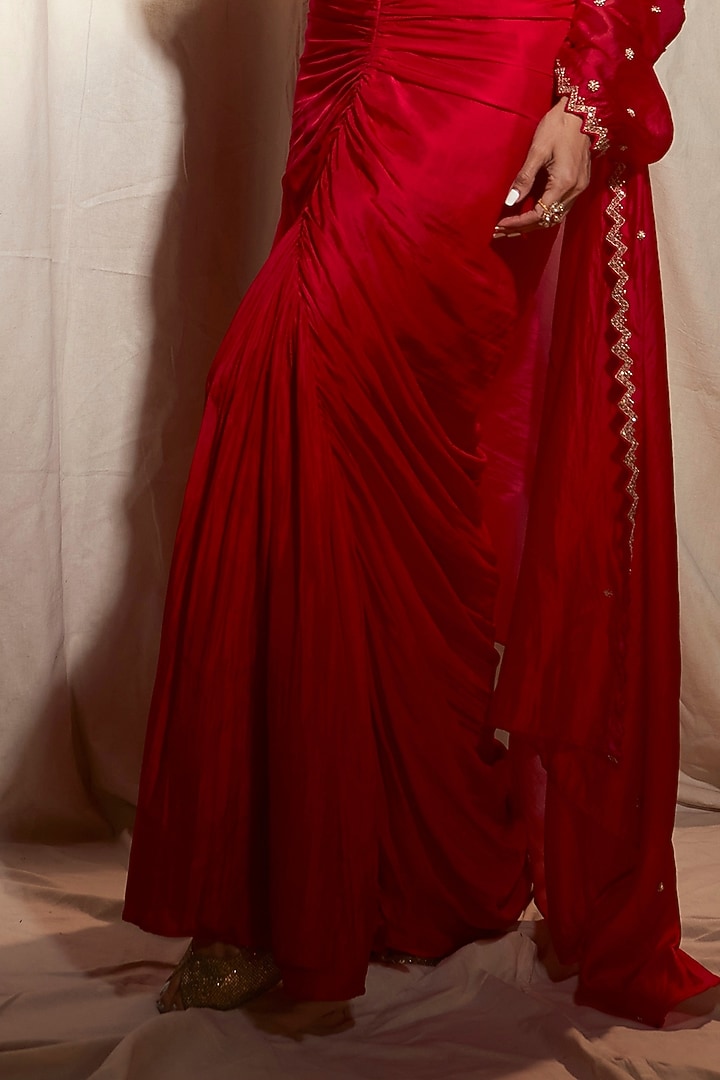 Red Silk & Organza Silk Draped Skirt Set by Punit Balana at Pernia's Pop Up Shop