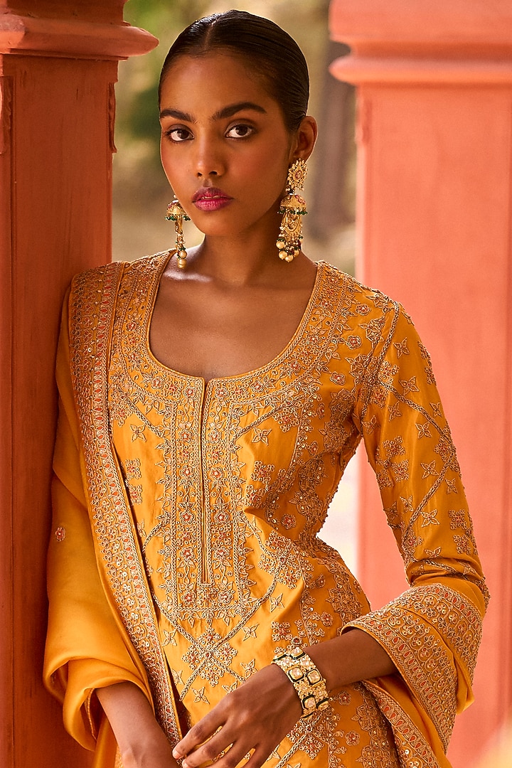 Mustard Organza Silk & Silk Bridal Sharara Set by Punit Balana at Pernia's Pop Up Shop