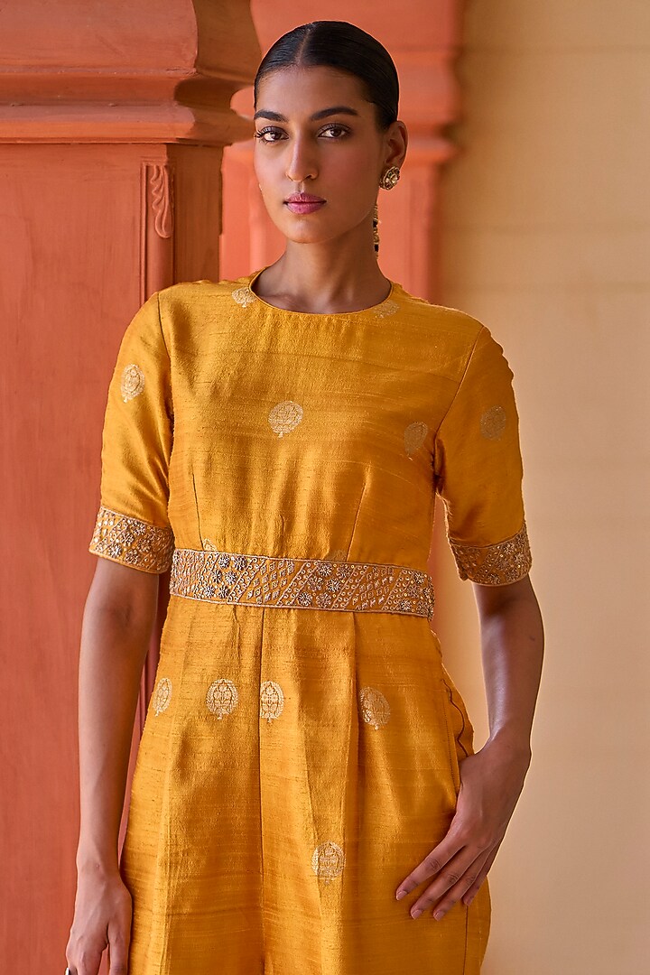 Mustard Banarasi Silk Zardosi Embroidered Jumpsuit by Punit Balana at Pernia's Pop Up Shop