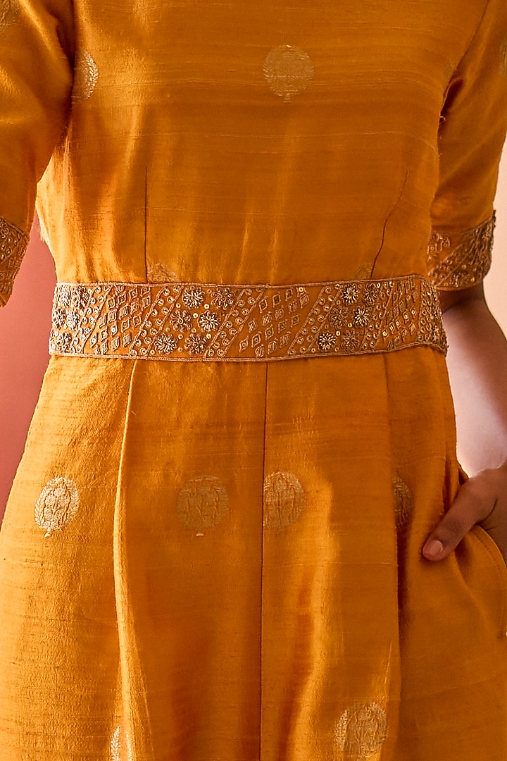 Mustard Banarasi Silk Zardosi Embroidered Jumpsuit by Punit Balana at Pernia's Pop Up Shop