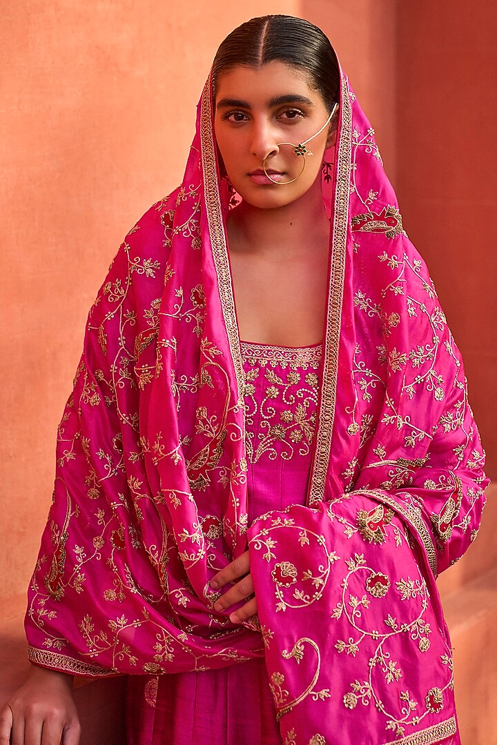 Rani Pink Banarasi Raw Silk Marodi Embroidered Bridal Anarkali Set by Punit Balana at Pernia's Pop Up Shop