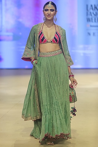 Sage Green Metallic Tissue Dori Work Cape Set by Punit Balana