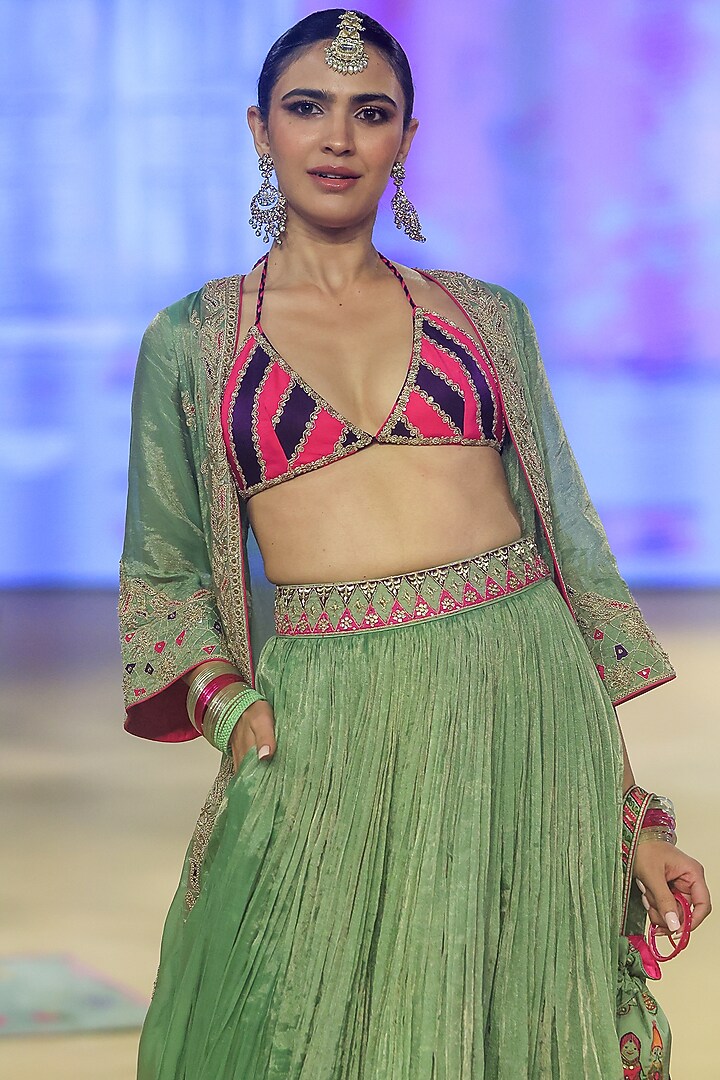 Sage Green Metallic Tissue Dori Work Cape Set by Punit Balana at Pernia's Pop Up Shop