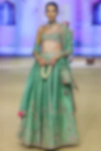 Sage Green Raw Silk Applique Work Bridal Lehenga Set by Punit Balana at Pernia's Pop Up Shop