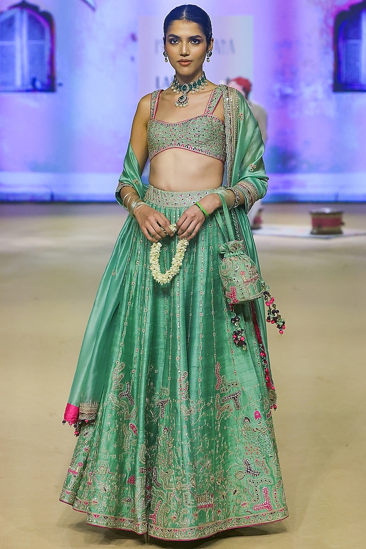 Sage Green Raw Silk Applique Work Bridal Lehenga Set by Punit Balana at Pernia's Pop Up Shop