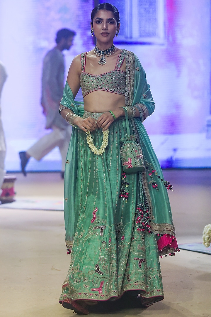 Sage Green Raw Silk Applique Work Bridal Lehenga Set by Punit Balana at Pernia's Pop Up Shop