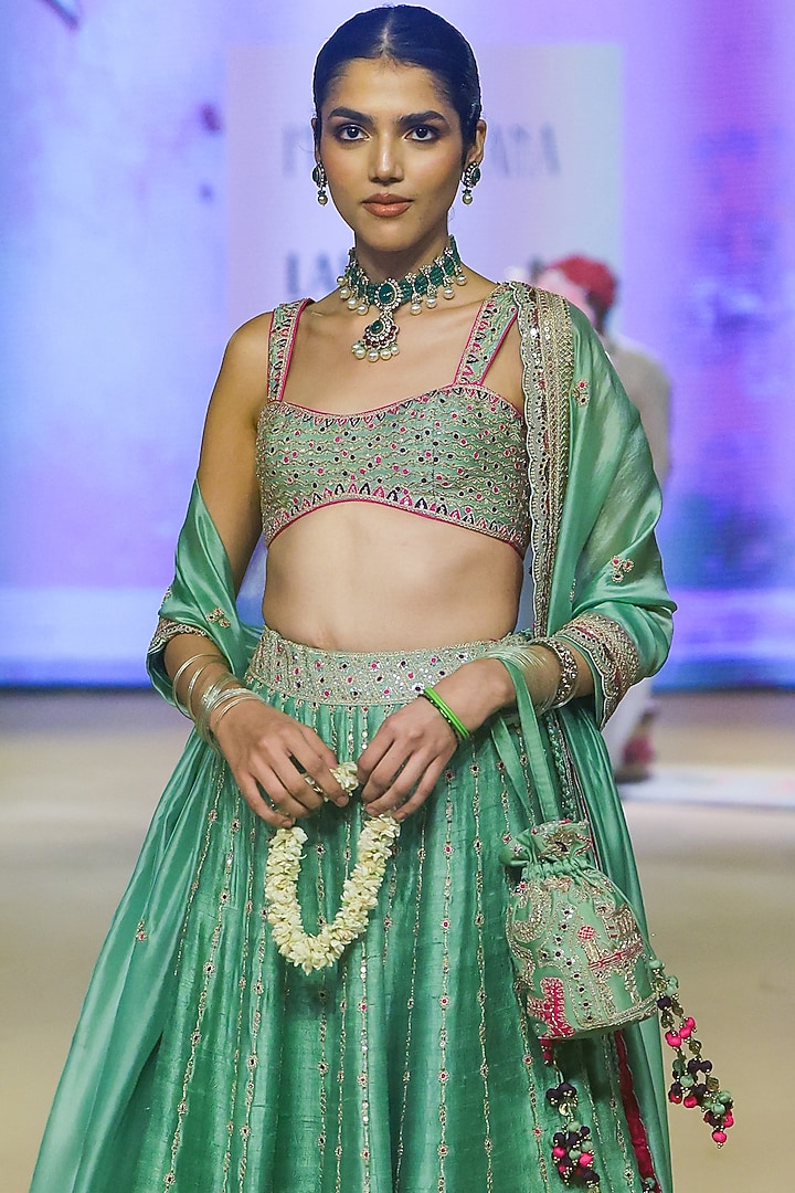 Sage Green Raw Silk Applique Work Bridal Lehenga Set by Punit Balana at Pernia's Pop Up Shop