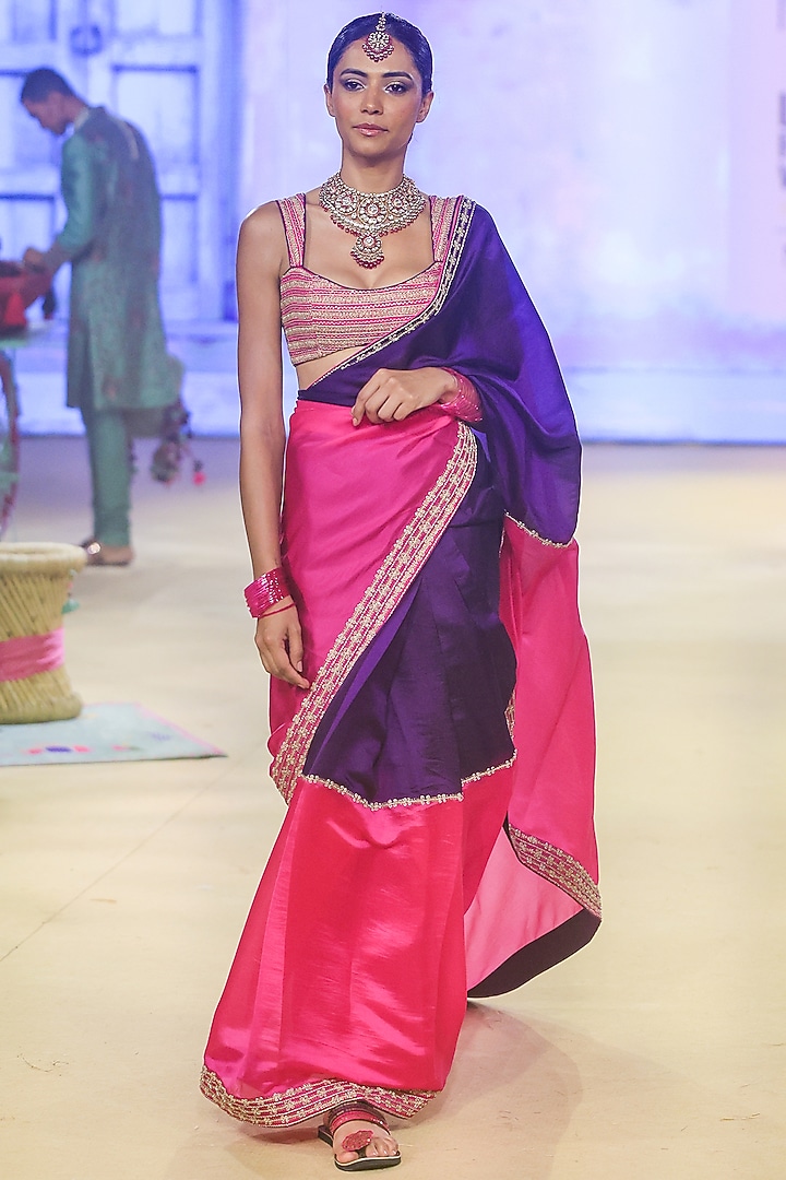 Baigani & Gulabi Gulal Organza Silk Dori Work Wedding Saree Set by Punit Balana at Pernia's Pop Up Shop
