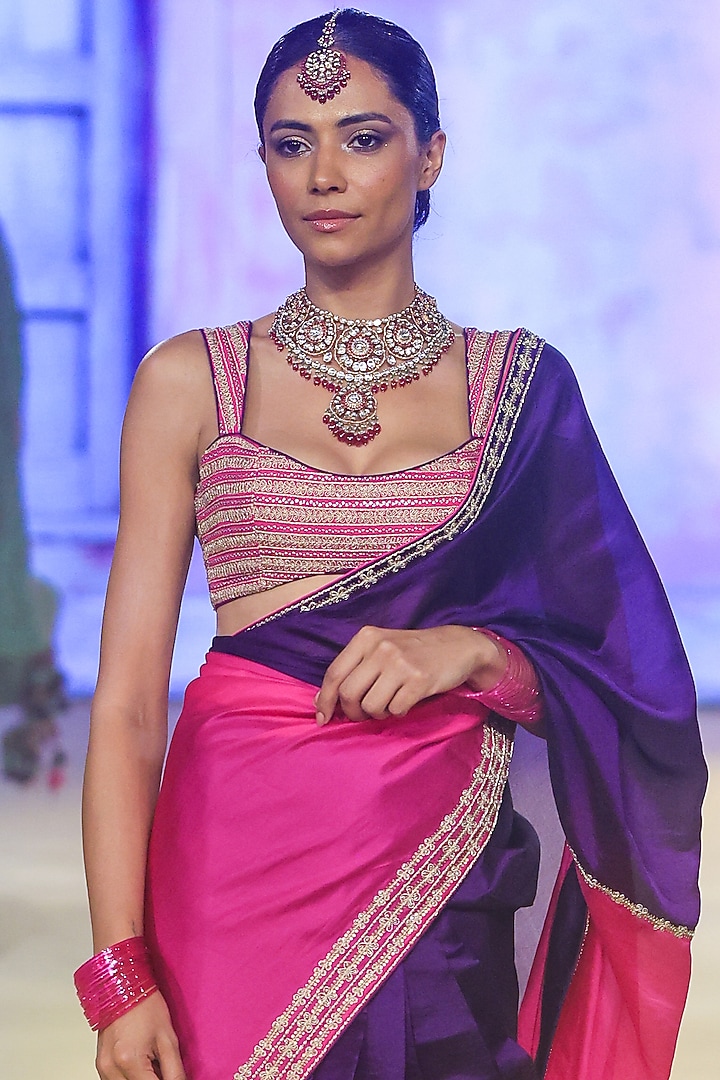 Baigani & Gulabi Gulal Organza Silk Dori Work Wedding Saree Set by Punit Balana at Pernia's Pop Up Shop
