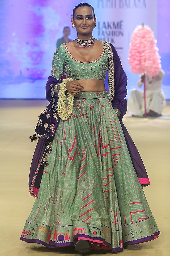 Sage Green Chanderi Silk Printed Wedding Lehenga Set by Punit Balana at Pernia's Pop Up Shop