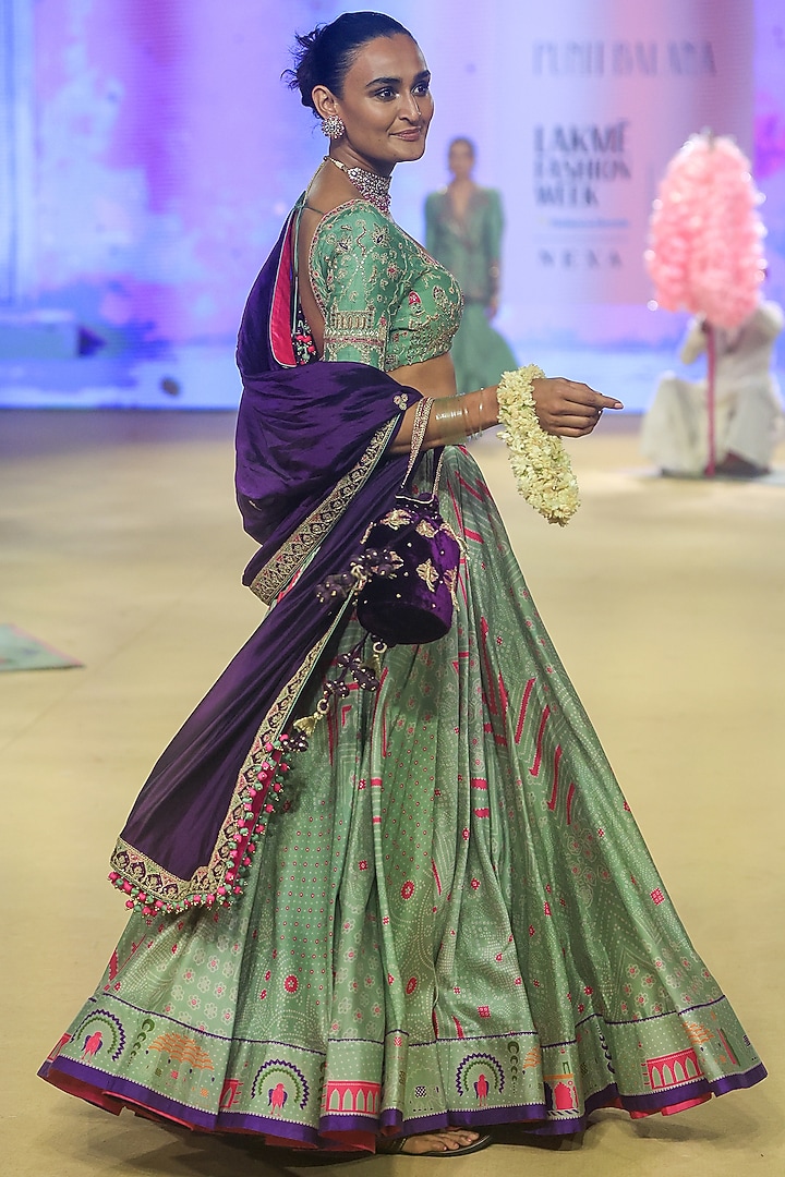 Sage Green Chanderi Silk Printed Wedding Lehenga Set by Punit Balana at Pernia's Pop Up Shop