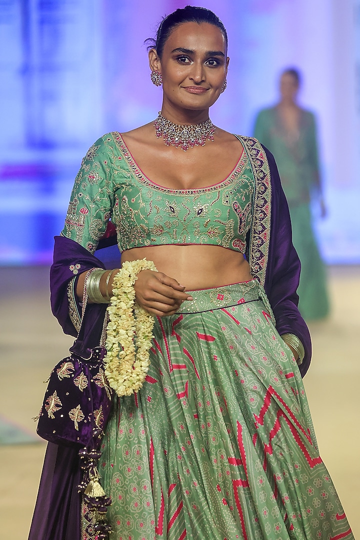 Sage Green Chanderi Silk Printed Wedding Lehenga Set by Punit Balana at Pernia's Pop Up Shop