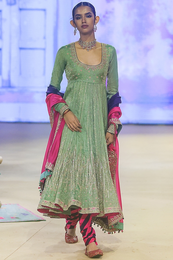 Sage Green Metallic Tissue Marodi Embroidered Anarkali Set by Punit Balana