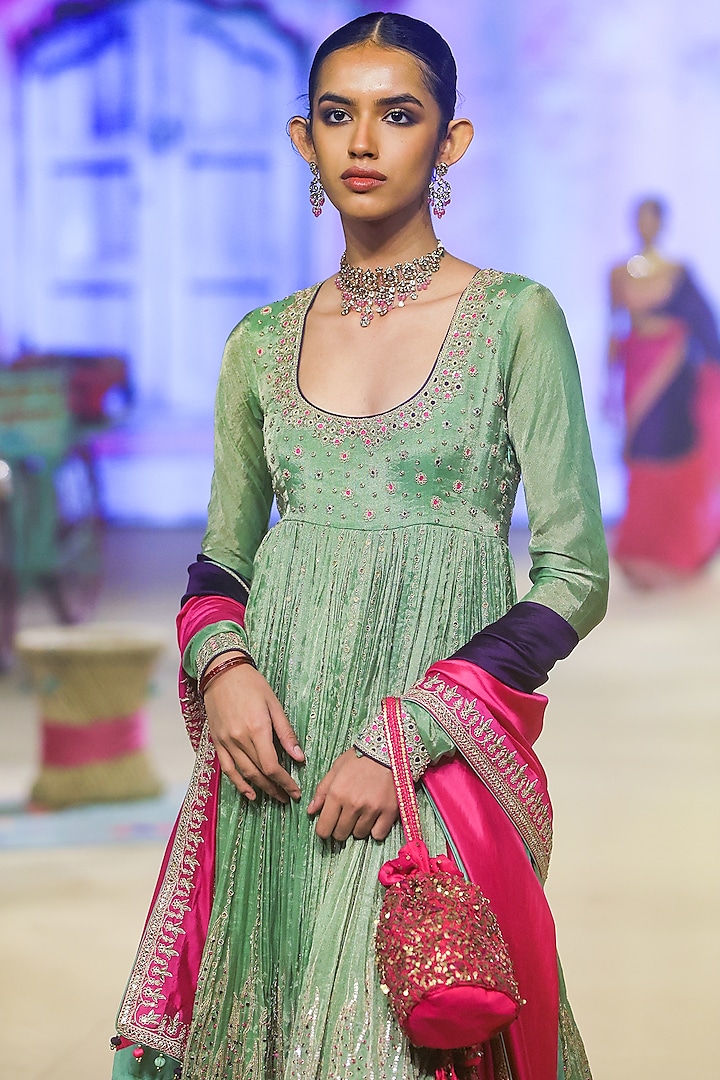 Sage Green Metallic Tissue Marodi Embroidered Bridal Anarkali Set by Punit Balana at Pernia's Pop Up Shop