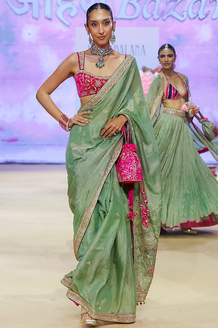 Sage Green Metallic Tissue Marodi Work Saree Set by Punit Balana