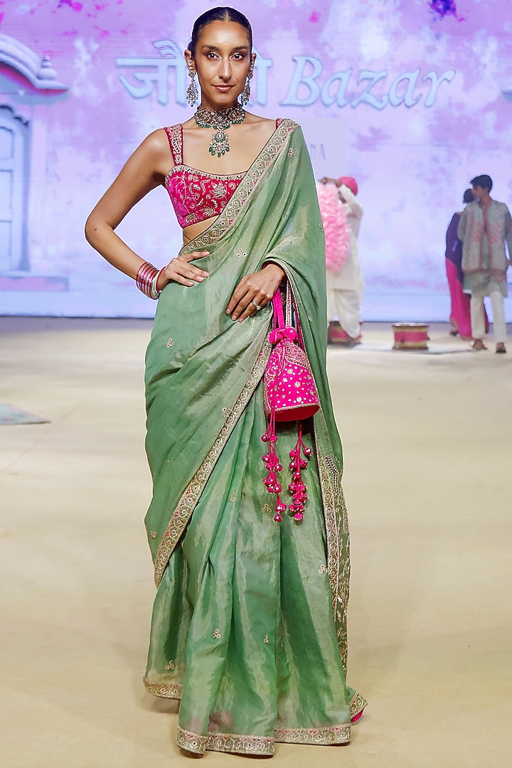 Sage Green Metallic Tissue Marodi Work Reception Saree Set by Punit Balana at Pernia's Pop Up Shop
