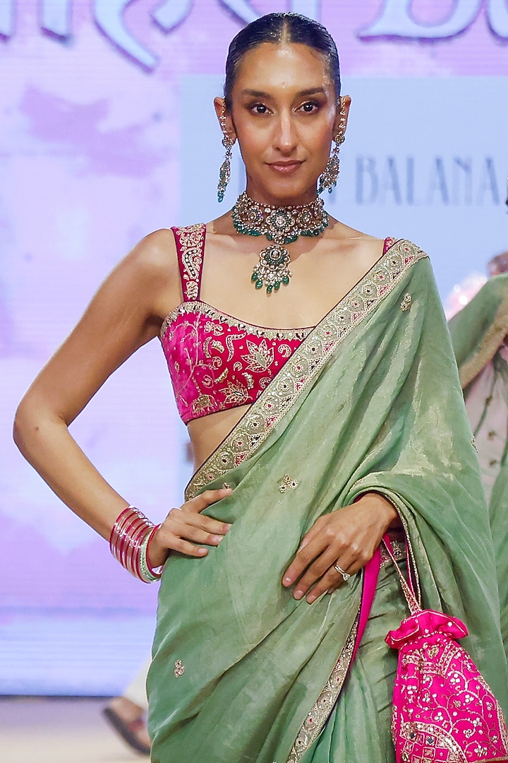 Sage Green Metallic Tissue Marodi Work Reception Saree Set by Punit Balana at Pernia's Pop Up Shop