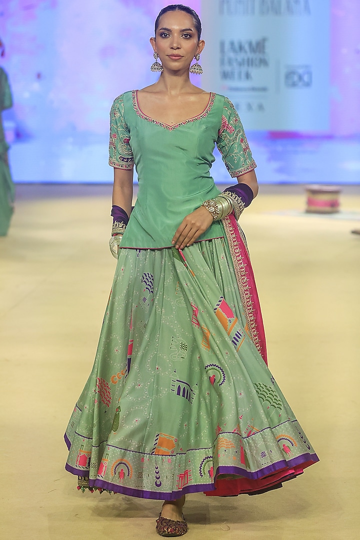 Sage Green Chanderi Silk Bandhani Printed Skirt Set by Punit Balana at Pernia's Pop Up Shop